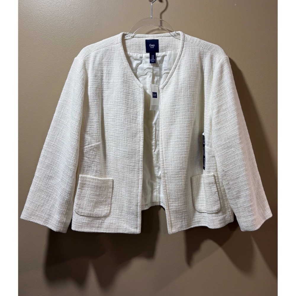 Gap Womens Cream Textured Cotton Tweed Blend Open Front Blazer Jacket Sz 18 NWT